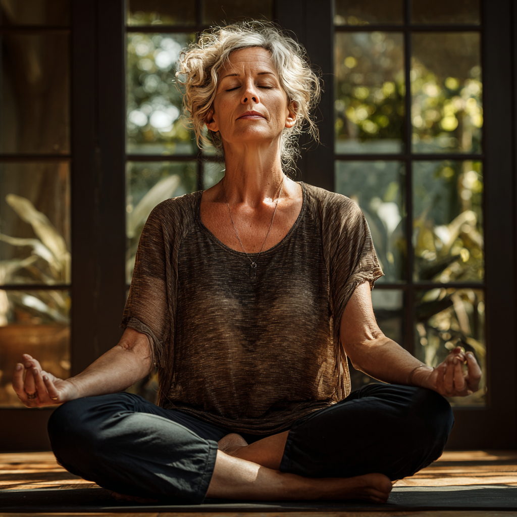 50 years old woman in peaceful yoga meditation pose in natural light