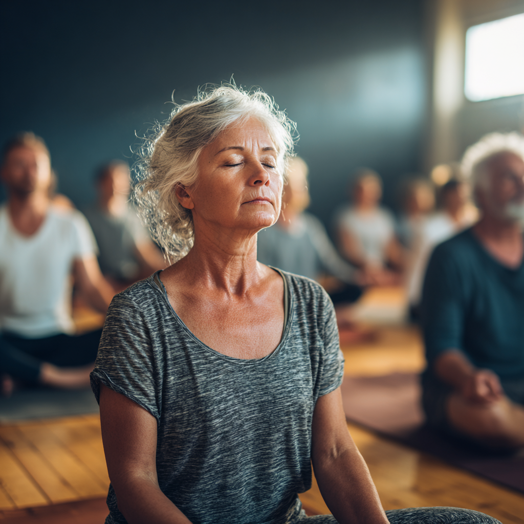 51 years old adults participating in gentle yoga class with peaceful atmosphere