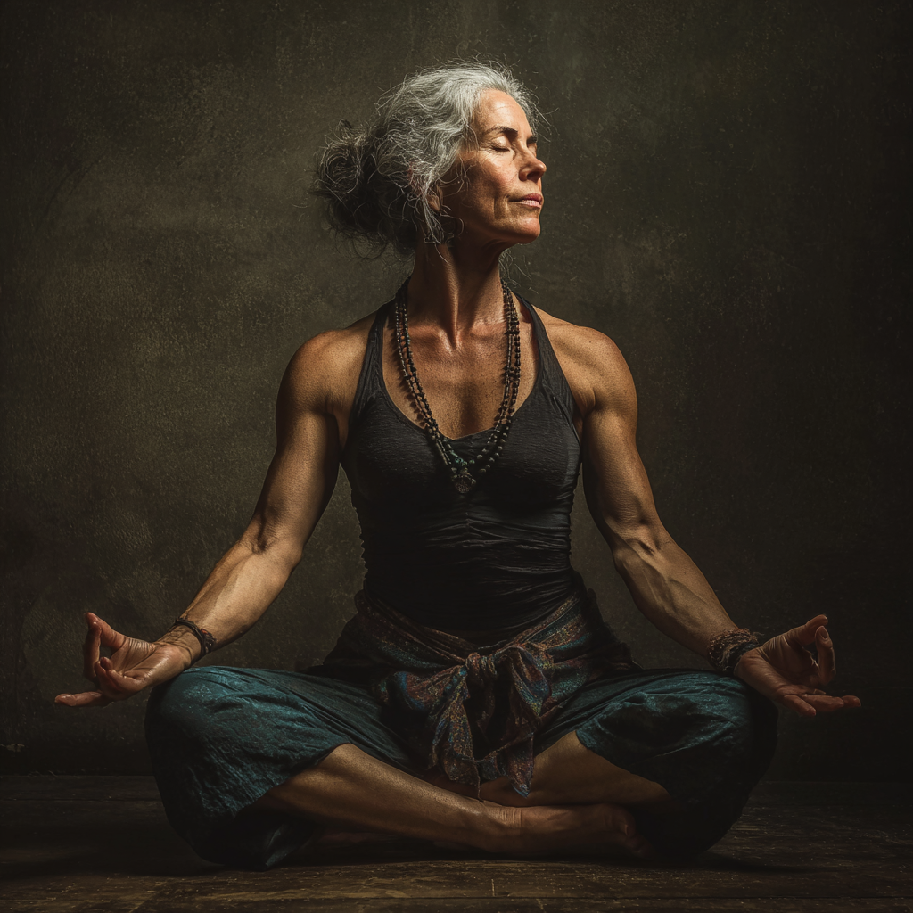 52 years old female yoga instructor in teaching pose